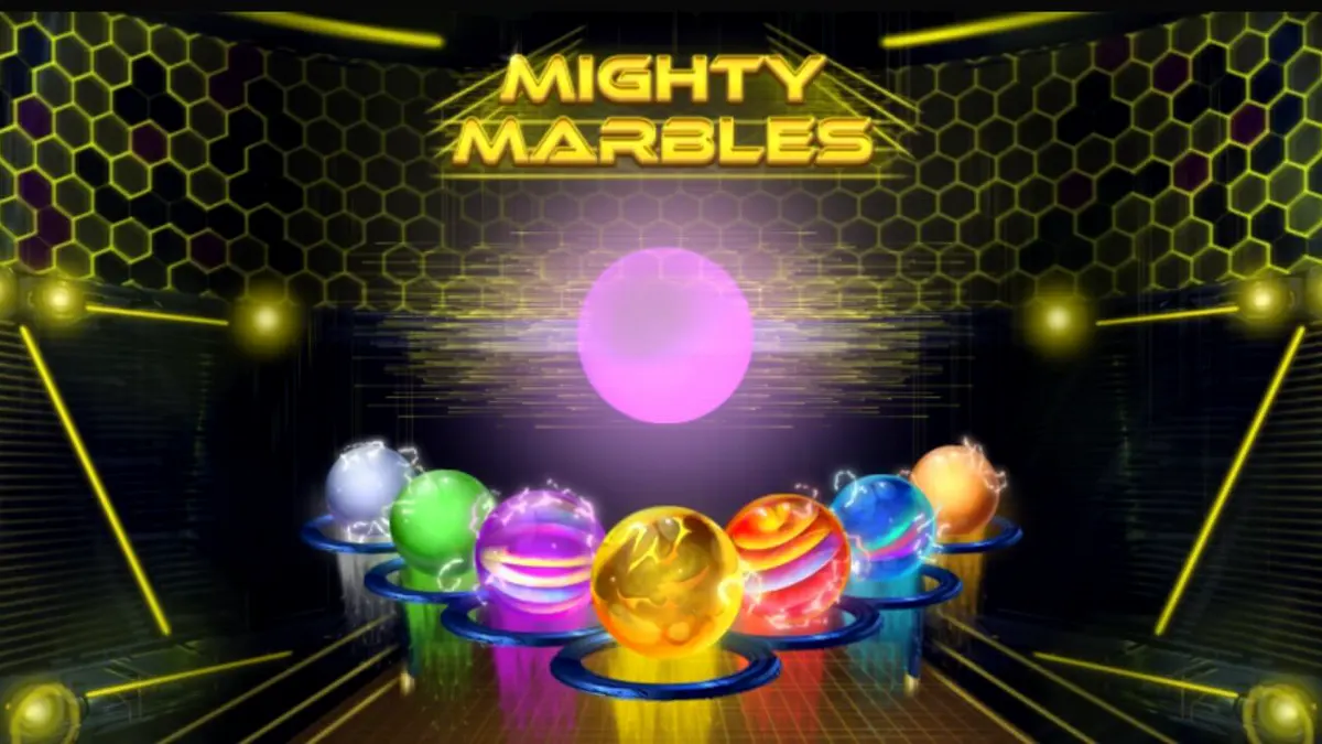 Mighty Marbles slot machine interface na may neon cosmic theme