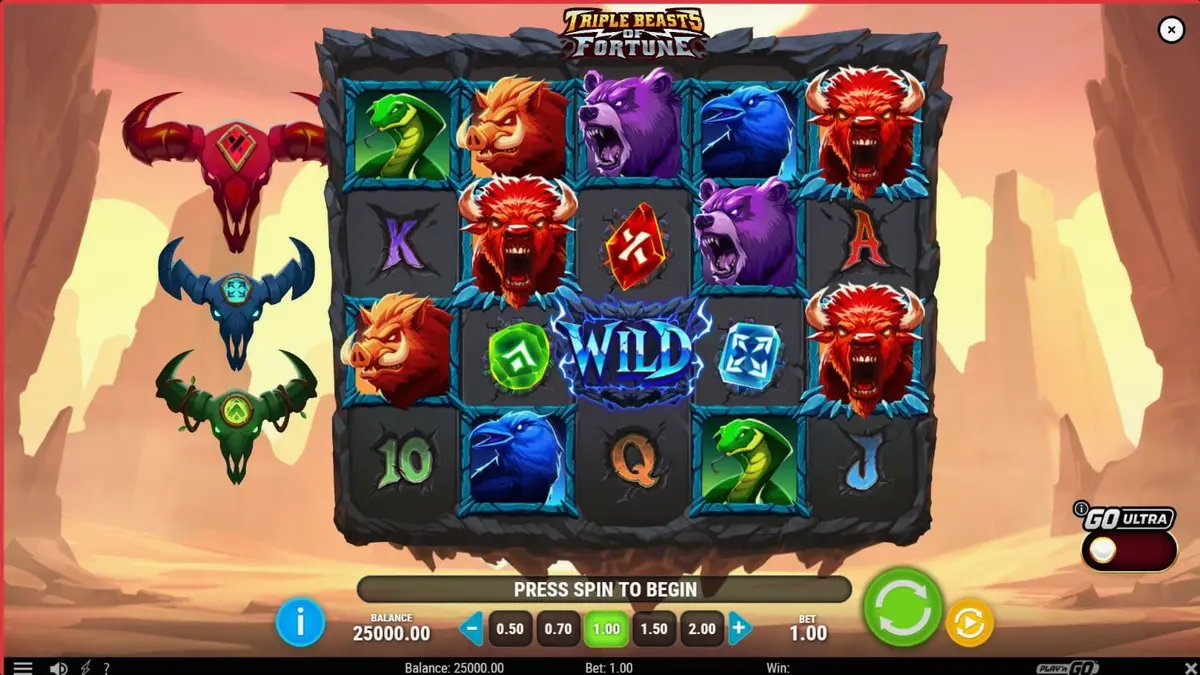 Triple Beasts of Fortune slot game interface na may mga totem at bison symbols